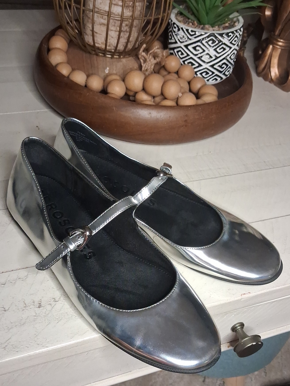 AEROSOLES Metallic Silver Mary Jane Flats